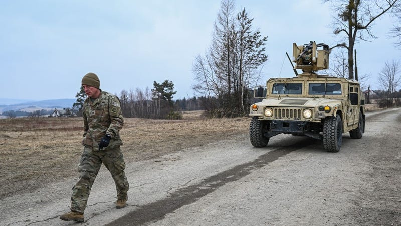 U.S. Army Humvees assigned to the 82nd Airborne arrive at the operating base at the Arlamow Airport on , 2022 in Wola Korzeniecka, Poland. 