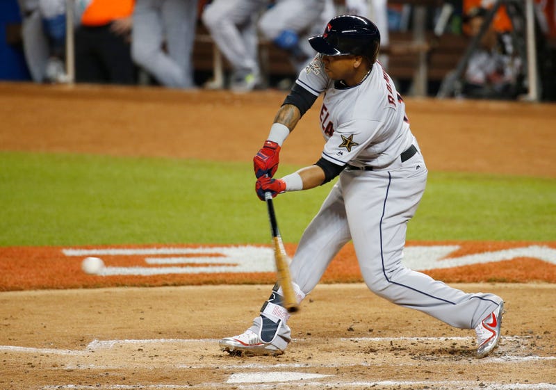 American League infielder Jose Ramirez of the Cleveland Indians hits a single in the third inning during the 2017 MLB All-Star Game at Marlins Park.
