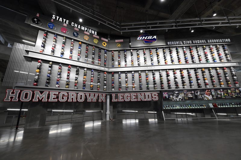 Aug 15, 2017; Atlanta, GA, USA; Georgia High School Association football helmets on display in the new Mercedes Benz Stadium , home of the Atlanta Falcons and the Atlanta United during the media tour at Mercedes-Benz Stadium. 