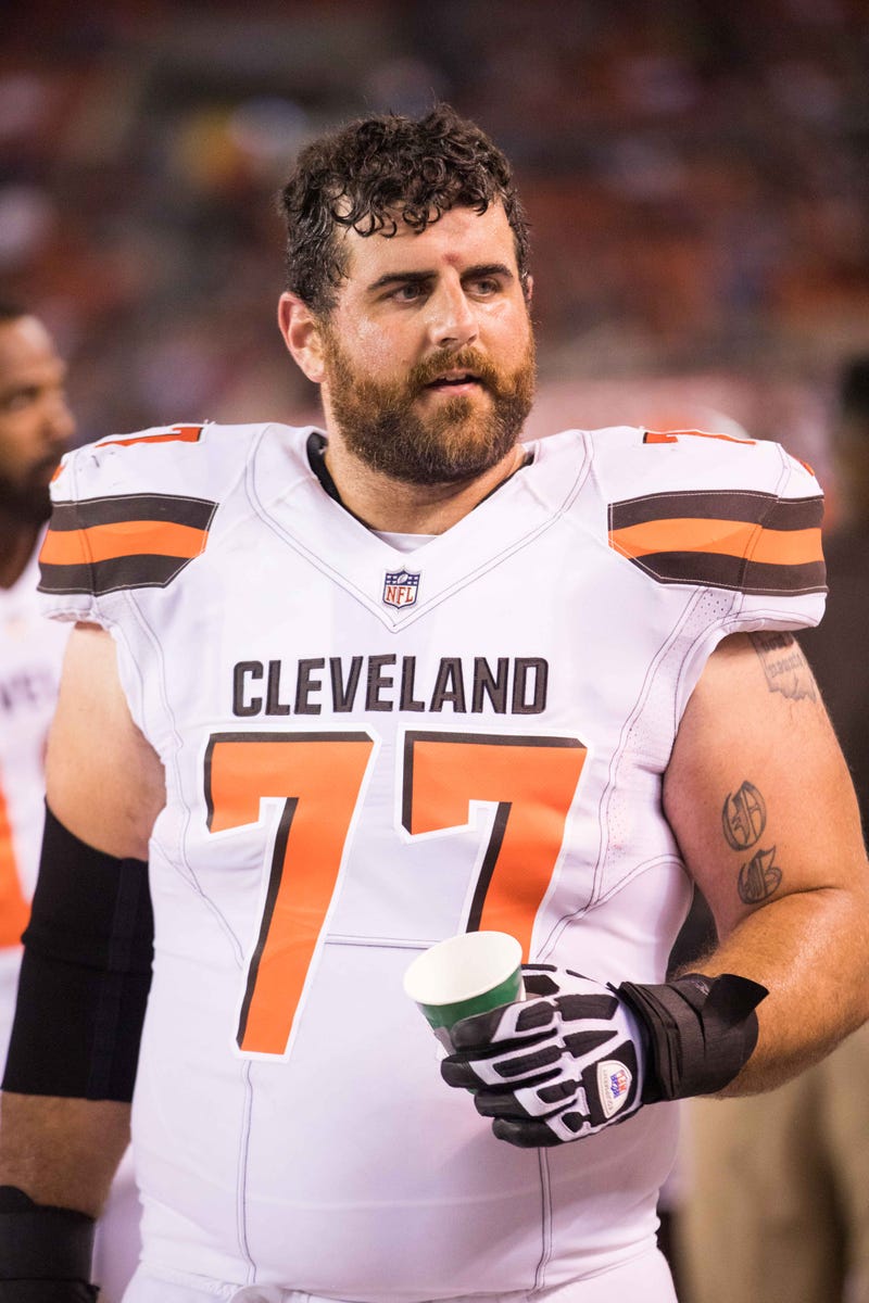 Aug 10, 2017; Cleveland, OH, USA; Cleveland Browns guard John Greco (77) during the third quarter against the New Orleans Saints at FirstEnergy Stadium