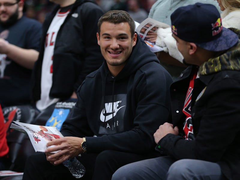 Mitch Trubisky (10) prior to the first quarter between the Chicago Bulls and the Cleveland Cavaliers at the United Center.