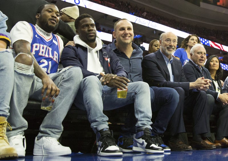 From left: Musical recording artist Meek Mill, actor Kevin Hart, Philadelphia 76ers co-owner Michael Rubin, Pennsylvania Gov. Tom Wolf and Philadelphia Eagles owner Jeffrey Lurie