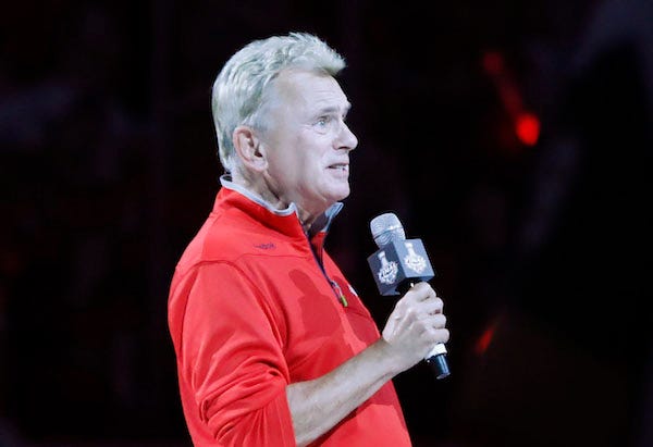 Television host Pat Sajak announces the starters before game three of the 2018 Stanley Cup Final between the Vegas Golden Knights and the Washington Capitals