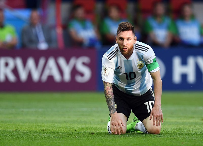 Argentina forward Lionel Messi (10) reacts in the round of 16 game against France during the FIFA World Cup 2018 