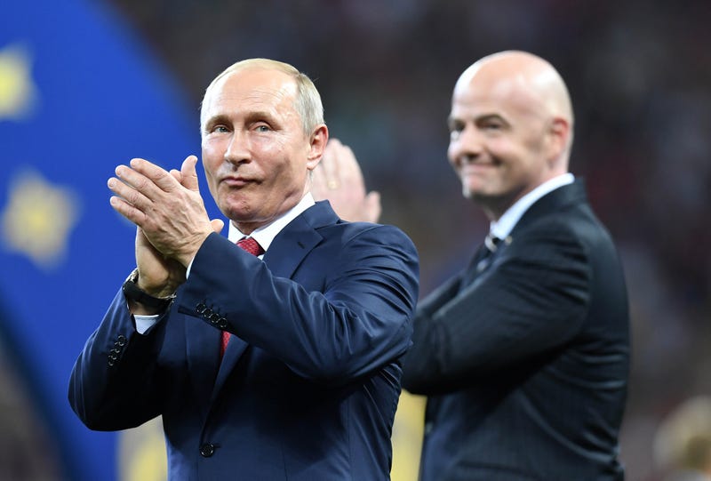 July 15, 2018; Moscow, Russia; Russia president Vladimir Putin and FIFA president Gianni Infantino present the trophy to France after the final of the FIFA World Cup 2018 against Croatia at Luzhniki Stadium.