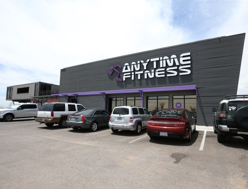 The Anytime Fitness facility at 3041 N. Zaragoza Road with retail space made of shipping containers at left.