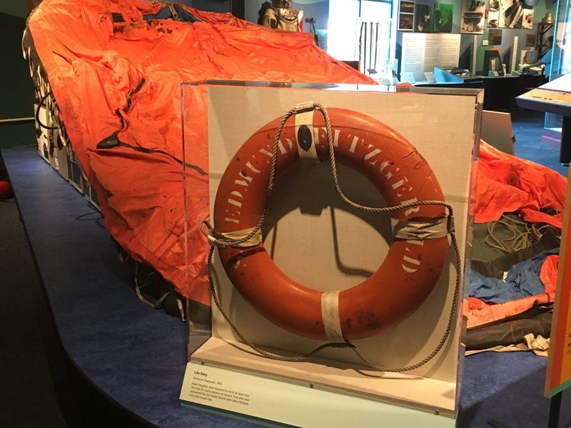 Life ring and life raft recovered after the sudden sinking of the S.S. Edmund Fitzgerald during a storm on Lake Superior in 1975. The items are displayed at the National Museum of the Great Lakes in Toledo, Ohio