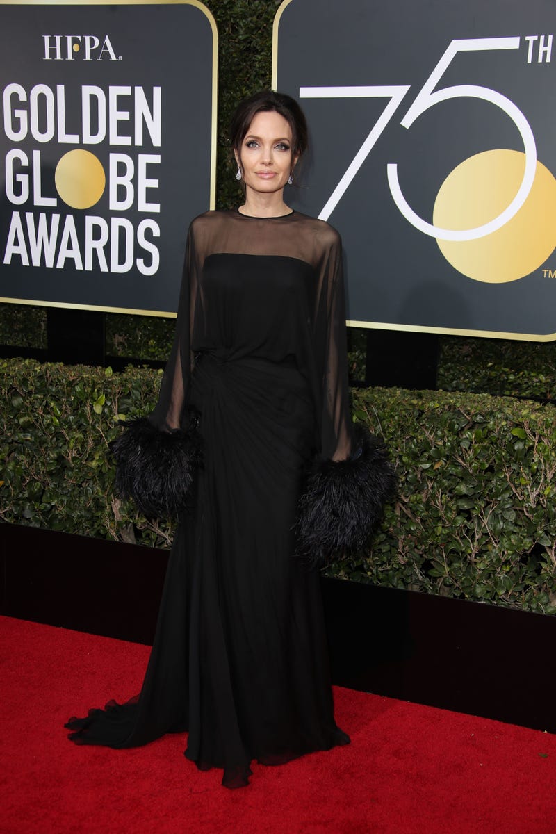 Jan 7, 2018; Beverly Hills, CA, USA; Angelina Jolie arrives for the 75th Golden Globe Awards at the Beverly Hilton.