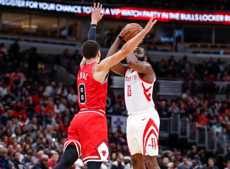 James Harden shoots over Zach LaVine.