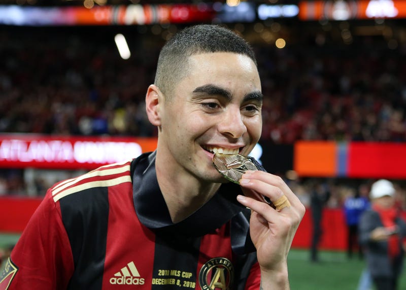 Dec 8, 2018; Atlanta, GA, USA; Atlanta United midfielder Miguel Almiron (10) celebrates after defeating the Portland Timbers in the 2018 MLS Cup championship game at Mercedes-Benz Stadium. Mandatory Credit: Brett Davis-Imagn Images