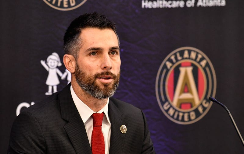 Jan 14, 2019; Marietta, GA, USA; Atlanta United technical manager Carlos Bocanegra introduces new head coach Frank de Boerduring (not shown) during a press conference at Childrens Healthcare of Atlanta Training Ground. Mandatory Credit: Dale Zanine-Imagn Images