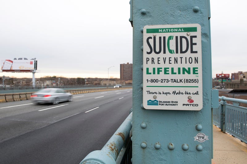 A sign for the National Suicide Prevention Hotline on the Benjamin Franklin Bridge.