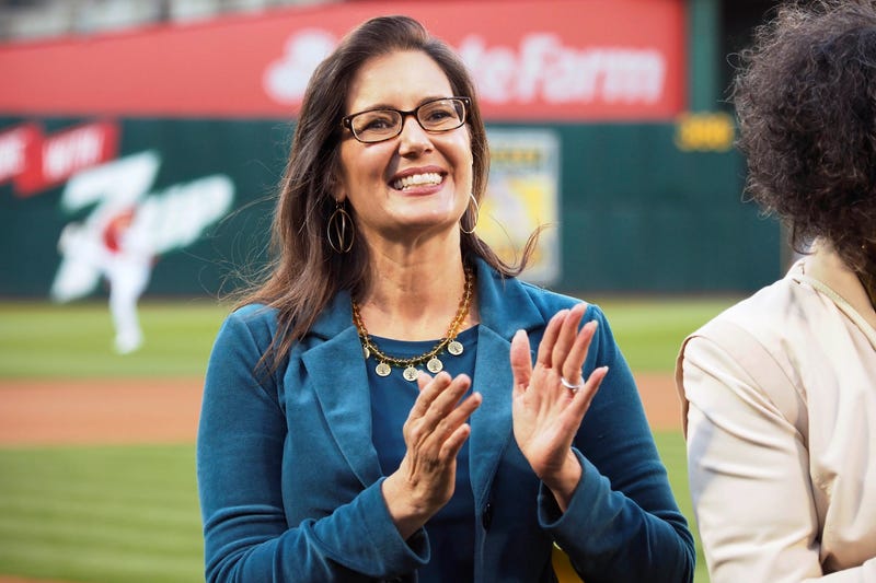 Oakland mayor Libby Schaaf claps before the game between the Oakland Athletics and the Houston Astros at Oakland Coliseum.