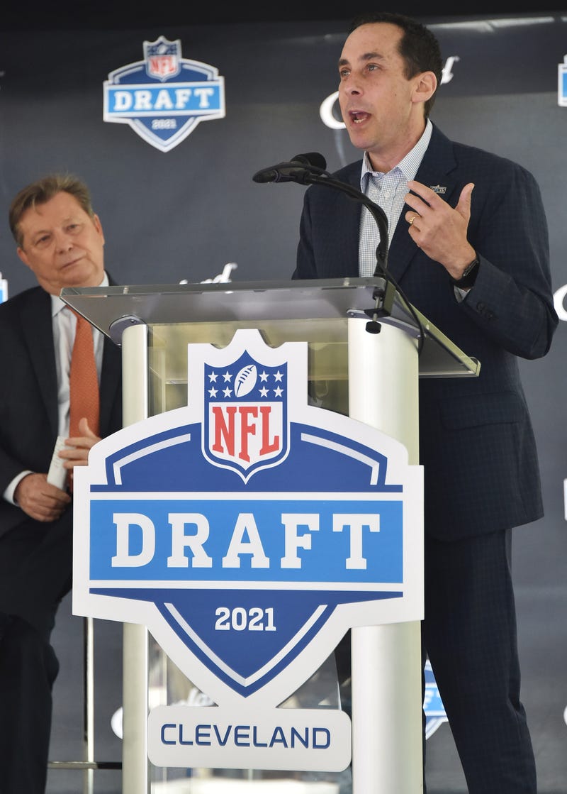 David Gilbert, President and CEO of the Greater Cleveland Sports Commission speaks during a press conference in Public Square to announce Cleveland as the host of the 2021 NFL draft.