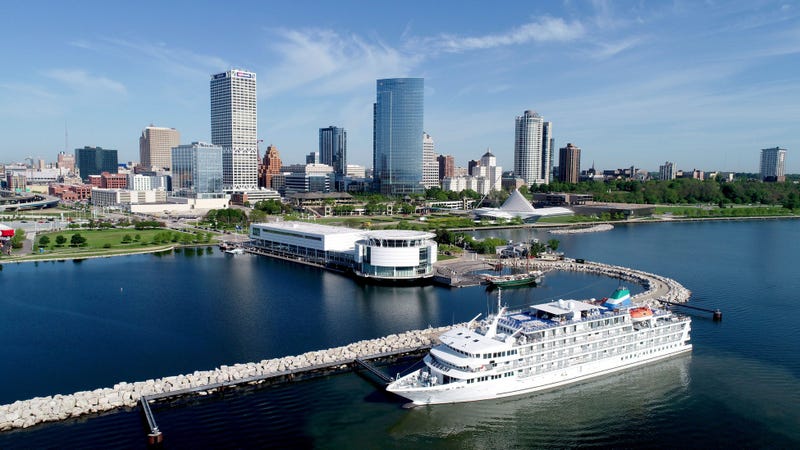Pearl Mist, a Great Lakes cruise ship, is docked shortly after arriving in Milwaukee on June 11, 2019.