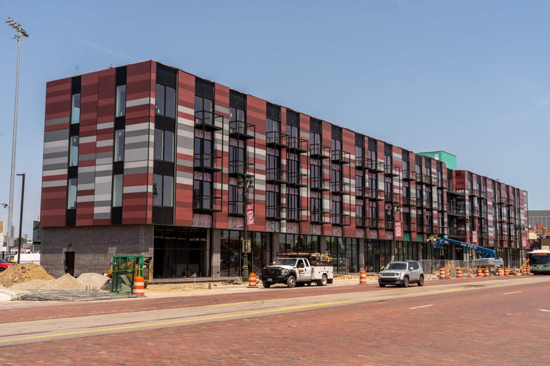 Brick street in front of The Corner mixed-use development on the site of the former Tiger Stadium at Michigan and Trumbull in Detroit's Corktown neighborhood