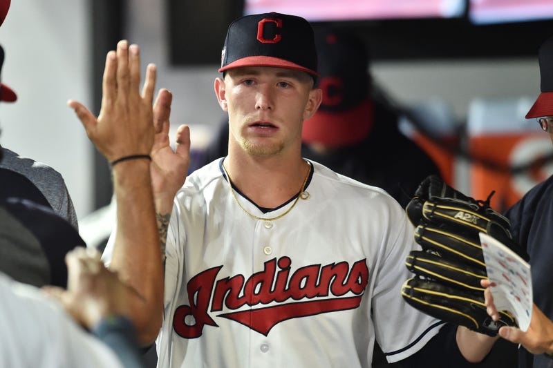Cleveland Indians starting pitcher Zach Plesac (65) celebrates after being relieved during the sixth inning against the Houston Astros at Progressive Field.