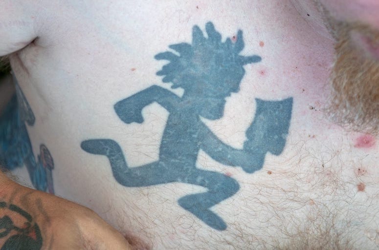 Man with Hatchetman/Juggalo tattoo, Insane Clown Posse