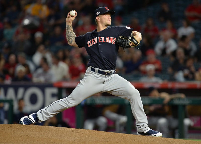 September 10, 2019; Anaheim, CA, USA; Cleveland Indians starting pitcher Zach Plesac (65) throws against the Los Angeles Angels during the first inning at Angel Stadium of Anaheim. Mandatory Credit: Gary A. Vasquez-USA TODAY Sports
