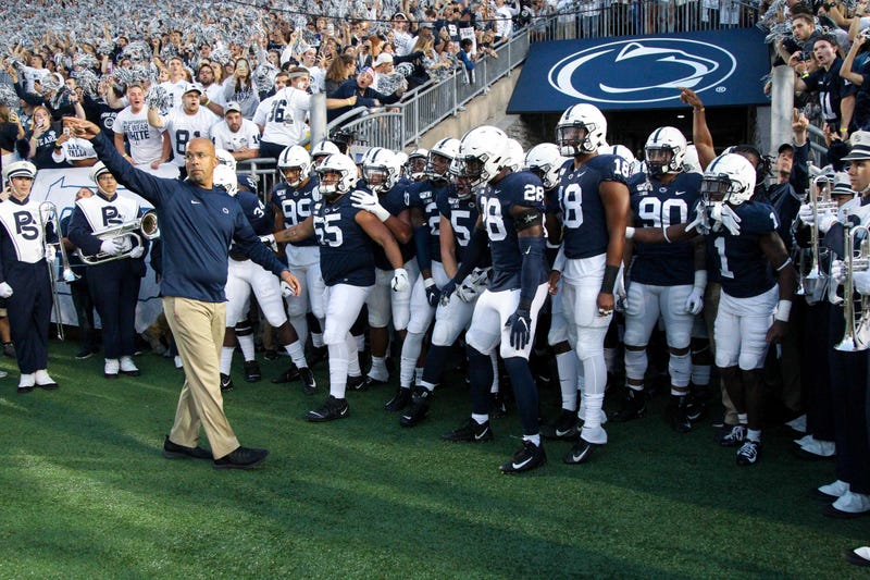 University Park, PA, USA; Penn State Nittany Lions head coach James Franklin stands in front of his players prior to taking the field a
