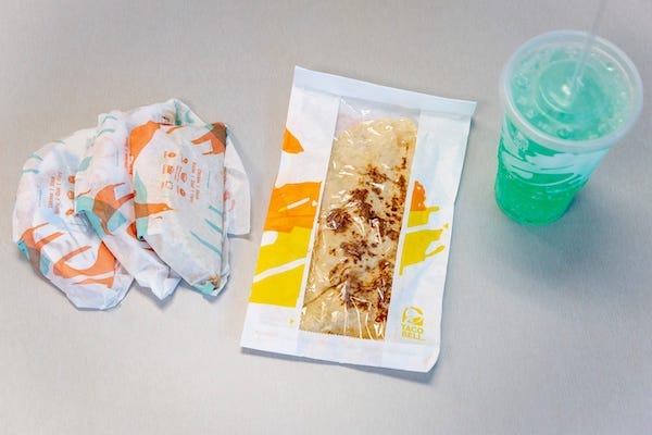 Taco Bell tacos, quesadillas, and Baja Blast