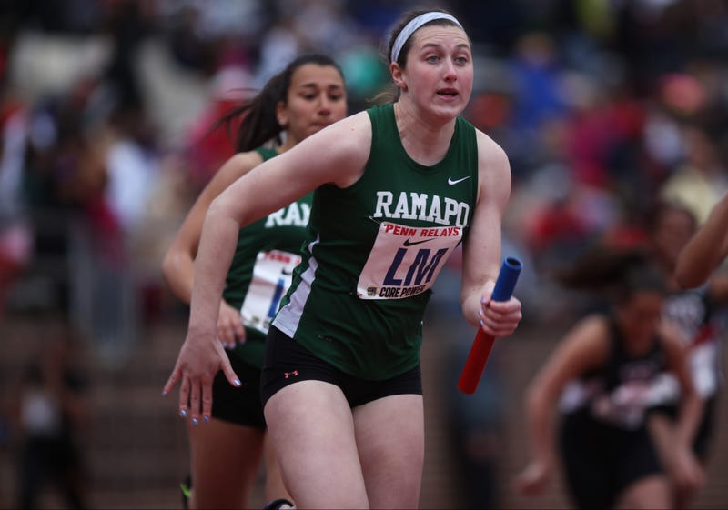 Lauren Brzozowski of Ramapo runs the anchor leg of the 4x100 at Franklin Field in Philadelphia.