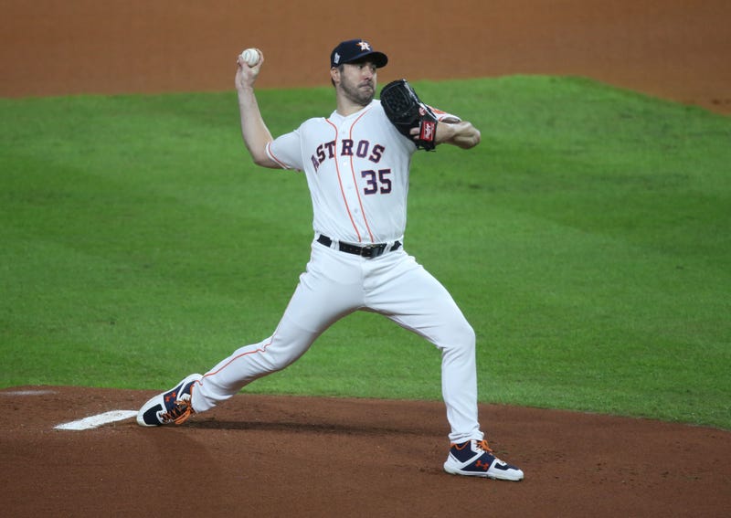 Houston Astros starting pitcher Justin Verlander (35) throws a pitch against the Washington Nationals in game six of the 2019 World Series at Minute Maid Park.