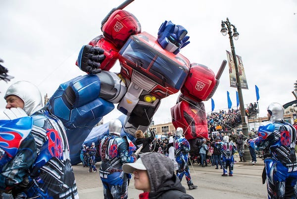 The Optimus Prime float loses altitude and heads for the crowd at the America's Thanksgiving Parade in Detroit, Mich., Thursday, Nov. 28 2019
