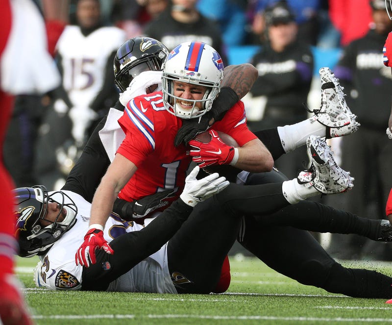 Ravens players tackle Bills WR Cole Beasley during the Ravens 24-17 victory over the Bills in 2019.