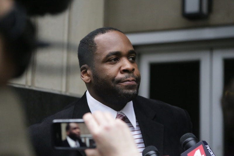 Former Detroit Mayor Kwame Kilpatrick exits the US Federal Courthouse in downtown Detroit on Monday March 11, 2013 after the jury handed down a verdict in his public corruption trial.