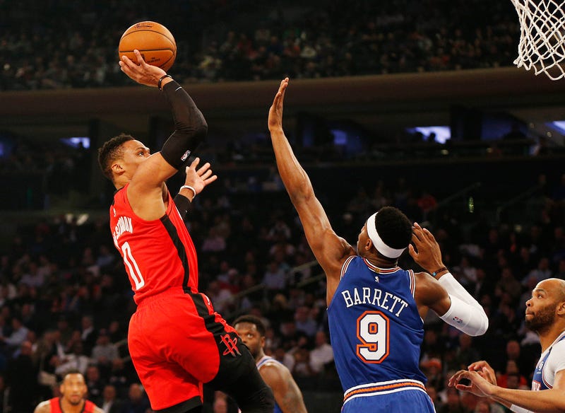 Russell Westbrook attempts a teardrop against the Knicks.