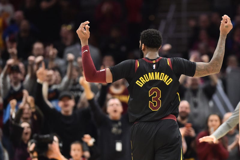 Cleveland Cavaliers center Andre Drummond (3) reacts after a basket during the second half against the San Antonio Spurs at Rocket Mortgage FieldHouse. 