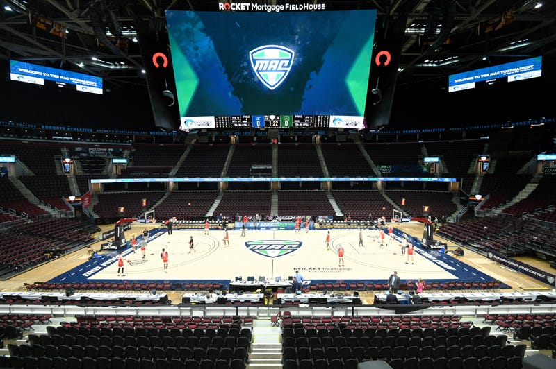 Members of the Ball State basketball team warm up before the game between the Akron Zips and the Ohio Bobcats at Rocket Mortgage FieldHouse. The game and the Mid-American Conference basketball tournament was cancelled in an attempt to prevent the spread of the Covid-19 coronavirus