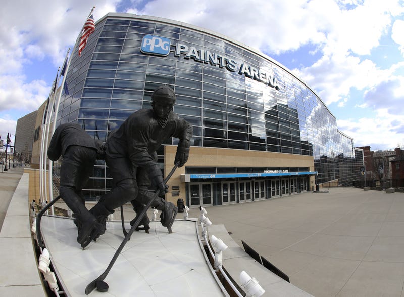 General exterior view of the Mario Lemieux statue outside the PPG PAINTS Arena