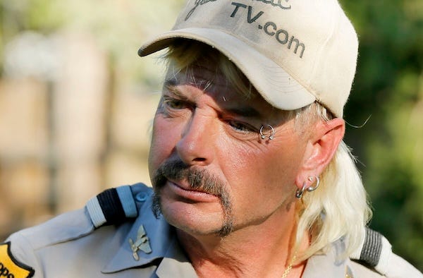 Joe Exotic speaks with the media after giving a statement at the Garold Wayne Interactive Zoological Park