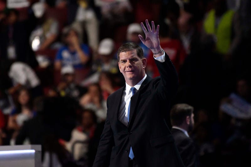 Boston mayor Marty Walsh walks to the stage before speaking during the 2016 Democratic National Convention at Wells Fargo Arena.