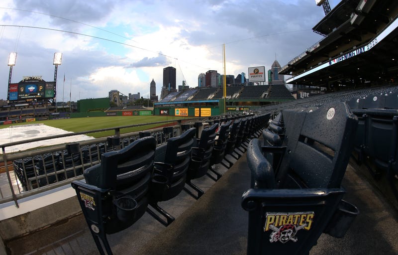 Pittsburgh, Pennsylvania, USA; General view of the stands empty during a rain delay as the Pittsburgh Pirates host the Milwaukee Brewers in the 2020 season opening game at PNC Park. Fans were not allowed to attend due to COVID-19 pandemic restrictions.