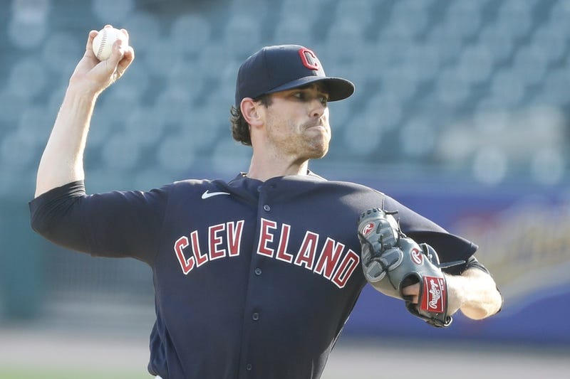 Aug 15, 2020; Detroit, Michigan, USA; Cleveland Indians starting pitcher Shane Bieber (57) pitches during the first inning against the Detroit Tigers at Comerica Park. Mandatory Credit: Raj Mehta-USA TODAY Sports