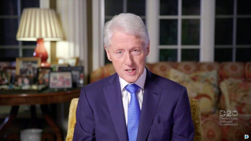Screen grab from Democratic National Convention video stream) Former President Bill Clinton speaks to viewers from New York during the Democratic National Convention at the Wisconsin Center