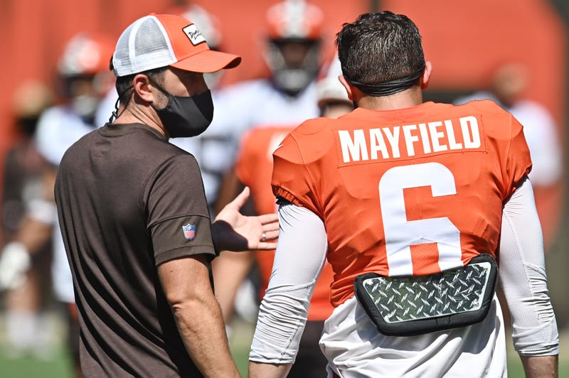 Cleveland Browns quarterback Baker Mayfield (6) talks with head coach Kevin Stefanski during training camp at the Cleveland Browns training facility.