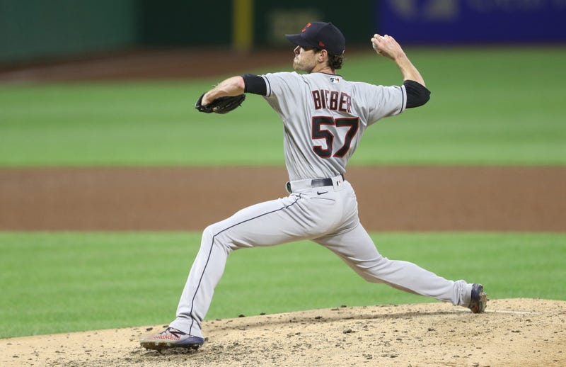Cleveland Indians starting pitcher Shane Bieber (57) pitches against the Pittsburgh Pirates