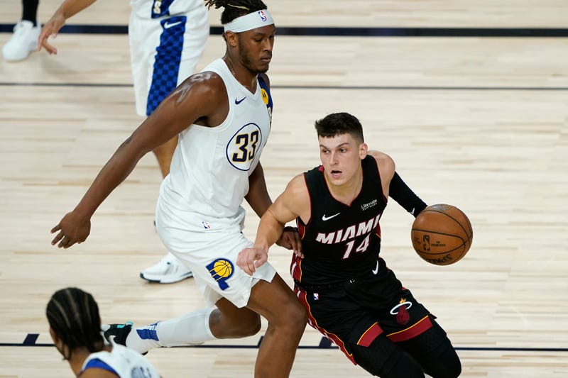 Tyler Herro drives to the basket against the Indiana Pacers