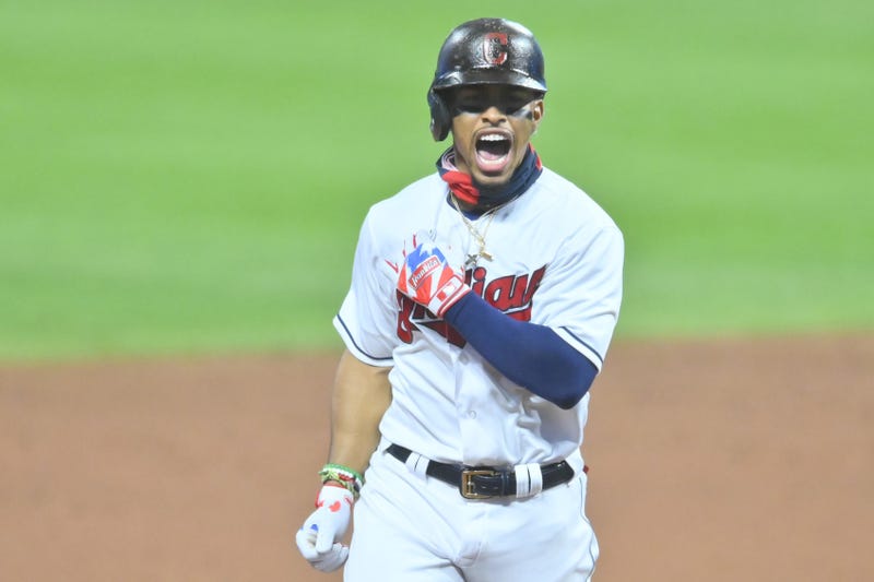 Cleveland Indians shortstop Francisco Lindor (12) celebrates his two-run home run in the sixth inning against the Minnesota Twins at Progressive Field.