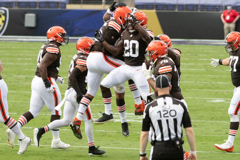 Browns DE Myles Garrett and CB Tavierre Thomas celebrate a fumble recovery during the Browns Week 1 loss to the Ravens in Baltimore.