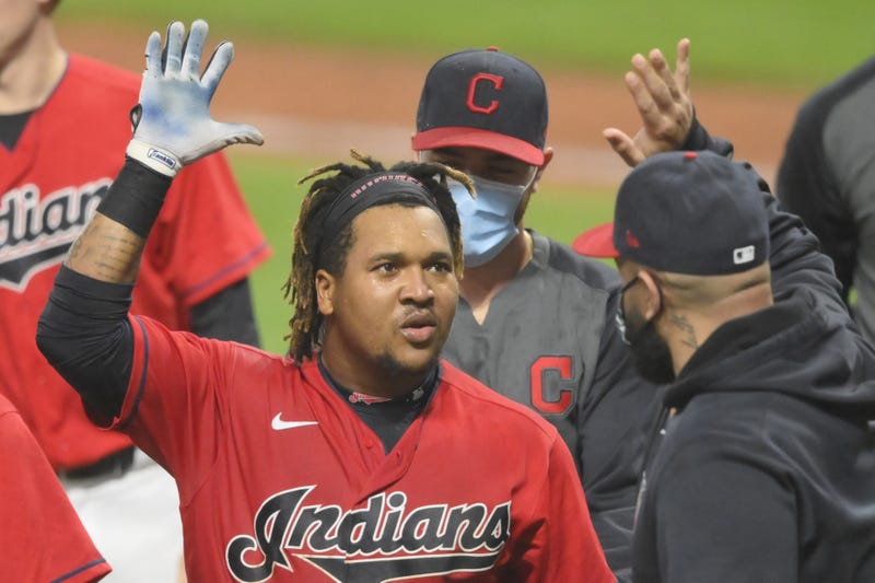 Cleveland Indians third baseman Jose Ramirez (11) celebrates his game-winning, three-run home run in the tenth inning against the Chicago White Sox at Progressive Field.
