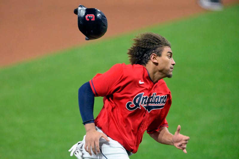 Cleveland Indians left fielder Josh Naylor (31) rounds third base while scoring against the New York Yankees in the ninth inning at Progressive Field.