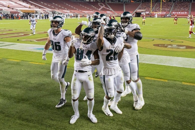 Philadelphia Eagles celebrate after wide receiver Travis Fulgham (13) scored a touchdown against the San Francisco 49ers