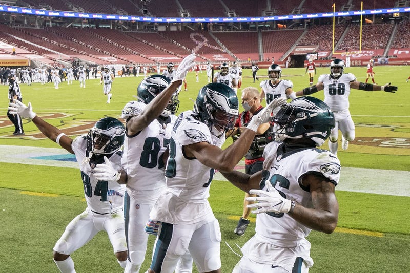 Philadelphia Eagles wide receiver Travis Fulgham (13) celebrates after scoring a touchdown against the San Francisco 49ers during the fourth quarter at Levi's Stadium.