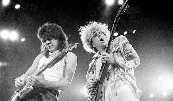 Eddie Van Halen and Sammy Hagar of Van Halen performing for 9,000 fans at sold-out Municipal Auditorium April 20, 1986