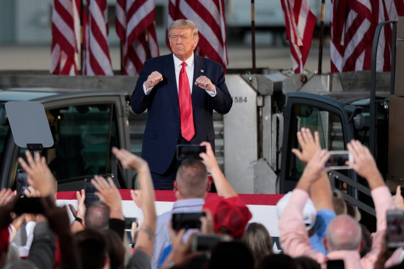 President Donald Trump acknowledges the crowd after finishing his speech during the "Fighting for the American Worker" rally on Monday, Sept. 21, 2020 at the Wright Bros. Aero Hangar at the Dayton International Airport in Vandalia, Ohio.